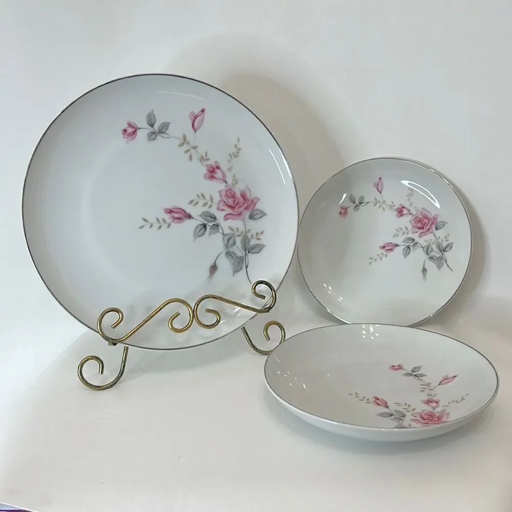 Castlecourt Rose Glow Japan Fine China Plate Bowl Saucer Pink Rose Silver Rimmed